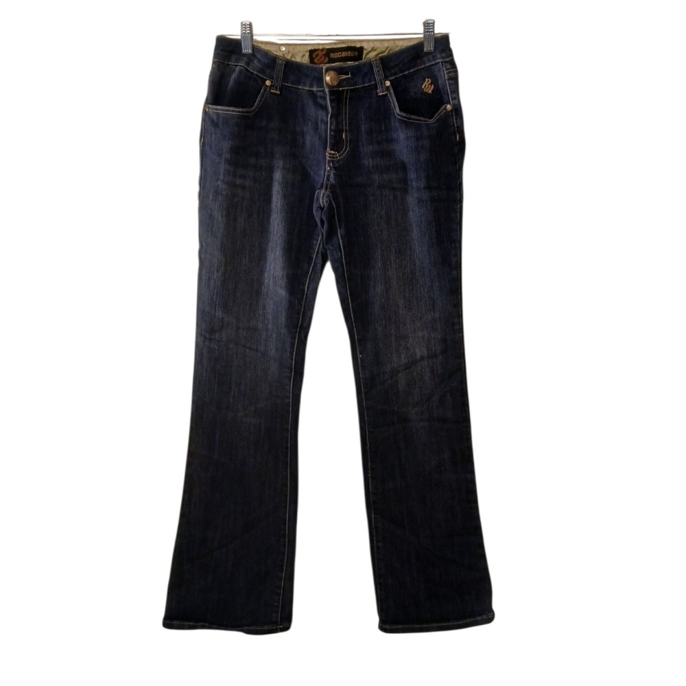Rocawear Womens Size 9 Dark Wash Bootcut Denim Jeans Embroidered Logo Stretch